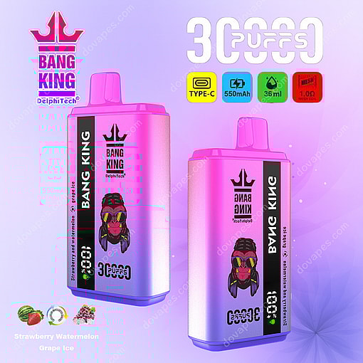 Two Bang King Disposable Vapes With Pink-Purple Gradient Design, Featuring Cartoon Character Artwork, Brand Logo, And Highlighting Features Like 30000 Puffs, Type-C Charging, 550Mah Battery, 36Ml Capacity, Mesh Coil, And Listed Flavors Strawberry Watermelon And Grape Ice.