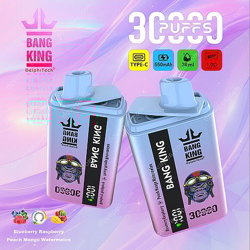 Two Pastel Blue Bang King Vape Devices Featuring A Gorilla Illustration With Aviator Goggles, Set Against A Purple-Pink Background With Product Features Like 30000 Puffs, Type-C Charging, 550Mah Battery, 36Ml Capacity, Mesh Coil, And Flavors Including Blueberry Raspberry And Peach Mango Watermelon.