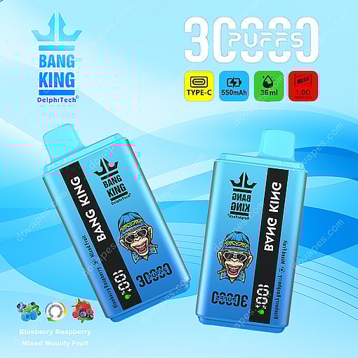 Bang King Disposable Vape Devices In Blue Packaging With Product Features Including 30000 Puffs, Type-C Charging, 550Mah Battery, 36Ml Capacity, And Blueberry Raspberry Mixed Mouldy Fruit Flavors, Set Against A Blue Background.