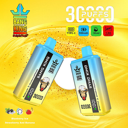 Bang King Disposable Vape Devices In Blue And Yellow With A Monkey Logo, Displayed Against A Bright Yellow Background, Highlighting Features Such As 30,000 Puffs, Type-C Charging, 550Mah Battery, And 36Ml Capacity, With Flavors Blueberry Ice And Strawberry Banana Shown At The Bottom.