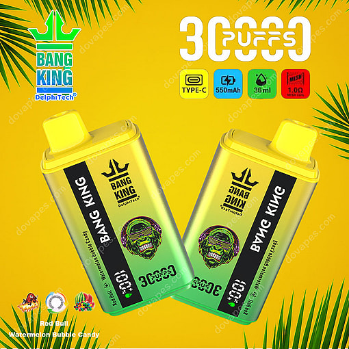 Two Bang King Delphitech Disposable Vapes In Green And Yellow With Skull Graphics, Set Against A Yellow Background With Tropical Leaves And Icons Highlighting 30000 Puffs, Type-C Charging, 550Mah Battery, 36Ml Capacity, And Mesh Coil; Flavor Is Red Bull Watermelon Bubble Candy.