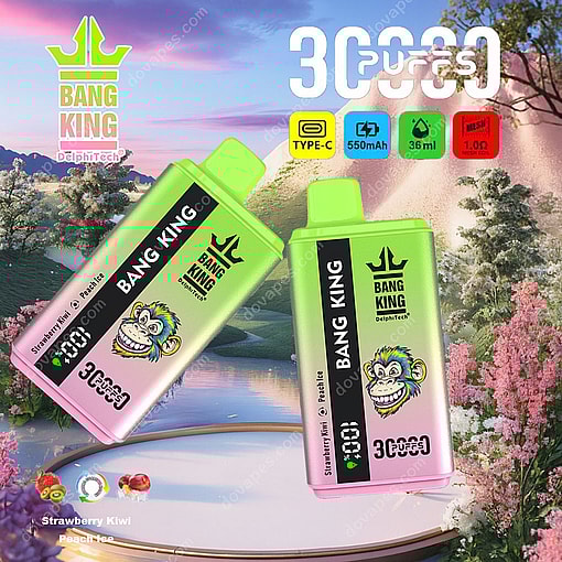 Two Bang King Delphtech Vape Devices With A Colorful Monkey Logo, Labeled Strawberry Kiwi And Peach Ice Flavors, Displayed Against A Serene Landscape With Trees And A Lake, Highlighting Features Like 30000 Puffs, Type-C Charging, 550Mah Battery, And 36Ml Capacity.