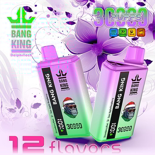 Bang King Branded Disposable Vape Devices In Purple And Green, With Gorilla Mascot Wearing Sunglasses And Santa Hat, Floral Purple Background, Highlighting 12 Flavors And 3000 Puffs.
