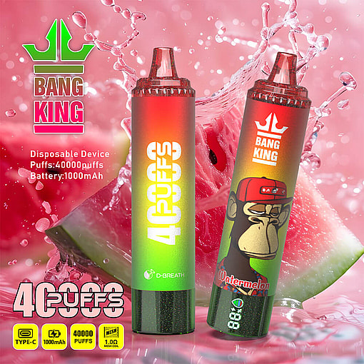 Two Bang King Disposable Vape Devices With A Watermelon Flavor Theme, Featuring A Digital Puff Counter And A Cartoon Ape Wearing A Red Cap, Set Against A Background Of Splashing Watermelon Slices.
