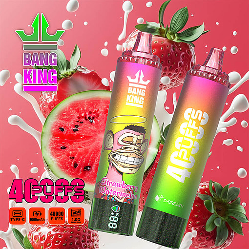 Two Colorful Bang King Vape Devices With Strawberry And Watermelon Flavors, Surrounded By Strawberries, Watermelon Slices, And Splashes Of Milk On A Pink Background, With Product Features Highlighted.