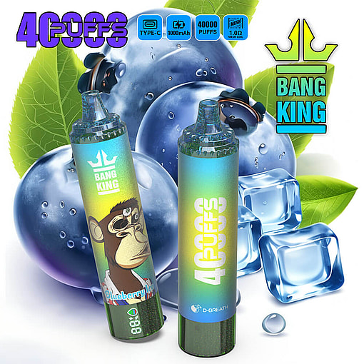 Two Bang King Disposable Vapes With Colorful Designs, One Featuring A Cartoon Ape And The Text 'Blueberry Ice,' Positioned Among Large Blueberries, Ice Cubes, And Green Leaves, With Product Specs Such As 40,000 Puffs And 1000Mah Shown At The Top.