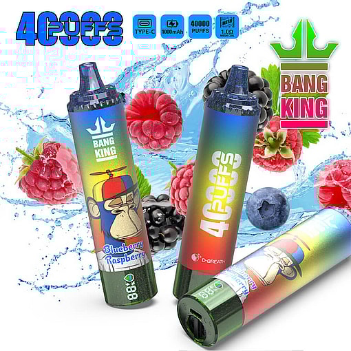 Colorful Bang King Disposable Vape Devices With A Cartoon Monkey, Surrounded By Raspberries, Blackberries, And Blueberries, And Labeled With Flavors And '40000 Puffs'.