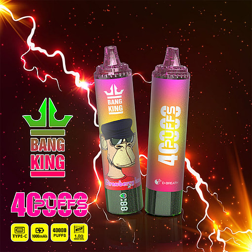 Two Colorful Bang King Disposable Vape Devices With Lightning And Spark Effects In The Background, Featuring A Cartoon Ape Wearing Sunglasses And A Cap On One Device, And Product Information Highlighting 40,000 Puffs, Type-C Charging, And 1000Mah Capacity.