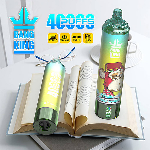 Two Bang King Disposable Vapes, One Standing And One Lying Down, Displayed On An Open Book With A Pair Of Glasses Nearby; Product Specs And Branding, Including '40,000 Puffs,' Are Shown In The Background.