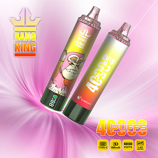 Two Colorful Bang King Disposable Vape Pens, One Featuring A Cartoon Ape Graphic And Both Highlighting '40000 Puffs', With Branding And Specifications On A Vibrant Pink Abstract Background.