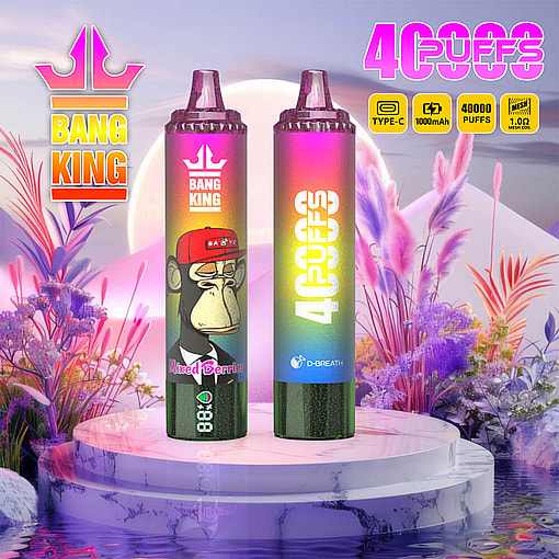 Two Colorful Bang King Vape Devices Displayed On A Marble Platform, One Featuring A Cartoon Ape With A Red Cap Labeled 'Mixed Berries,' Surrounded By Vibrant, Surreal Plants And Product Information Including 40,000 Puffs And 1,000Mah Capacity.