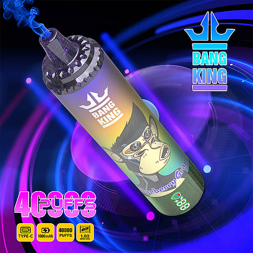 Promotional Image Of A Bang King Disposable Vape In Blueberry Grape Flavor, Featuring A Cartoon Ape With Sunglasses, Colorful Background Effects, And Icons Highlighting 40,000 Puffs, Type-C Charging, And Mesh Technology.