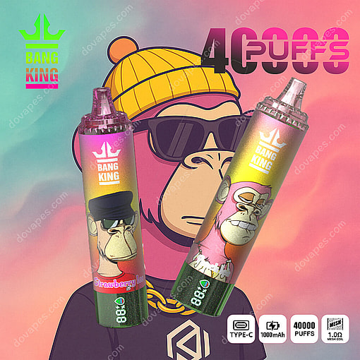 Two Bang King Disposable Vape Devices With Cartoon Gorilla Designs In Front Of A Colorful Background Showing A Stylized Gorilla Wearing Sunglasses And A Yellow Beanie, With Product Features And '40000 Puffs' Highlighted.