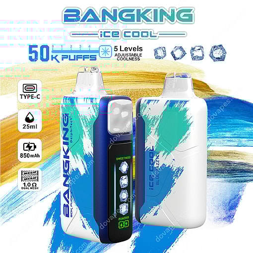 Two Bangking Ice Cool Disposable Vapes In A Blue And White Paint-Splatter Design, Featuring Icons And Text Highlighting 50,000 Puffs, 5 Adjustable Coolness Levels, 25 Ml Capacity, 850 Mah Battery, Type-C Charging, And Dual Mesh Coil.