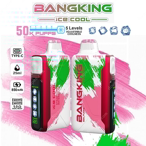 Two Bangking Ice Cool Vape Devices With Red, White, And Green Accents, Featuring Adjustable Coolness Levels, Digital Display, And Product Details Such As 50,000 Puffs, 850Mah Battery, 25Ml Capacity, And Type-C Charging, Displayed Against A Pink And Green Abstract Background.