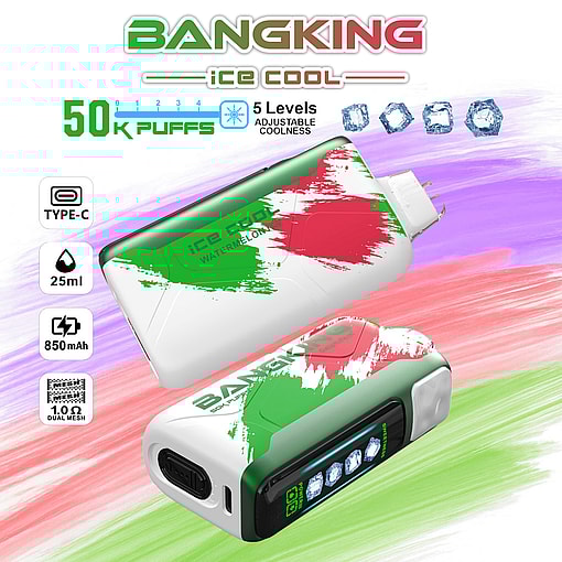 Bangking Ice Cool Disposable Vape Device With Watermelon Flavor, 50K Puffs, Adjustable Coolness With 5 Levels, Type-C Charging, 25Ml Capacity, 850Mah Battery, And Dual Mesh Coil, Shown On A Colorful Background.