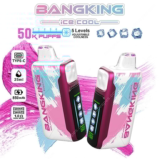 Two Bangking Disposable Vapes With Pink, White, And Blue Brushstroke Designs, Featuring An Led Display, Type-C Charging, 25Ml Liquid Capacity, 850Mah Battery, Adjustable Coolness In Five Levels, And Promotional Text Highlighting 50,000 Puffs.