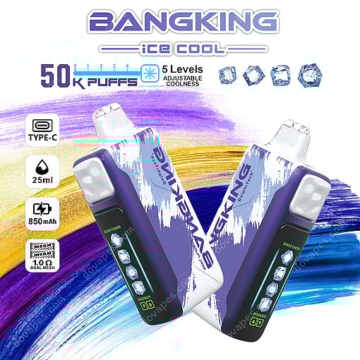 Promotional Image For Bangking Ice Cool Vape Device Displaying Two Devices With Adjustable Coolness, 50K Puffs, Type-C Charging, 25Ml Capacity, 850Mah Battery, Dual Mesh Coil, And Color Swatches In The Background.