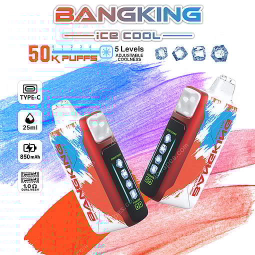 Bangking Ice Cool Disposable Vape Devices With Adjustable Coolness, Featuring A Digital Display And Branded Colorful Design, Shown Against A Blue And Red Paint Stroke Background Alongside Key Product Specifications.