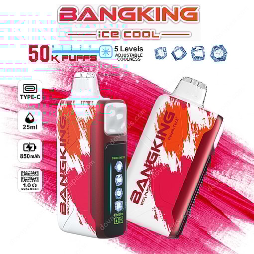 Bangking Ice Cool Disposable Vape Device With Red And White Design, Featuring Adjustable Coolness Levels, 50,000 Puffs, 25Ml Capacity, 850Mah Battery, And Dual Mesh Coil.