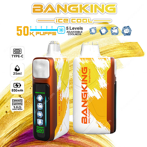 Promotional Image Featuring Two Bangking Ice Cool Vape Devices With A White And Orange Design, Showcasing Product Features Such As 50,000 Puffs, 5 Levels Of Adjustable Coolness, Type-C Charging, 25Ml Capacity, 850Mah Battery, And 1.0Ω Dual Mesh, Alongside Ice Cube Graphics And Branding.