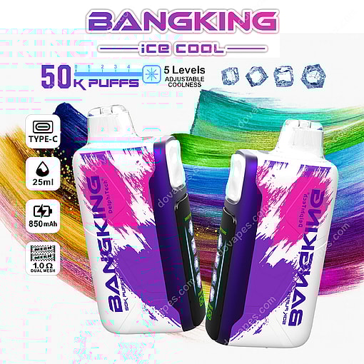Two Bangking Ice Cool Disposable Vape Devices With Purple And White Paint-Splatter Design, Adjustable Coolness Feature, And Product Specifications Including 50,000 Puffs, 25Ml Capacity, 850Mah Battery, Dual Mesh Coil, And Type-C Charging, Displayed Against A Colorful Brushstroke Background With Ice Cube Graphics.