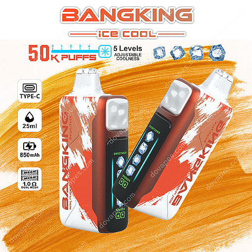 Bangking Ice Cool Vape Device With Red And White Design, Digital Display, Featuring 50,000 Puffs, Adjustable Coolness, 25Ml Capacity, 850Mah Battery, And Type-C Charging.