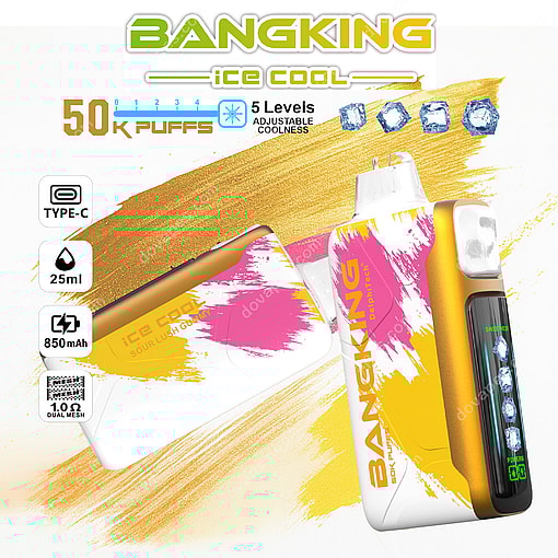 Bangking Ice Cool Vape Device With Colorful Yellow And Pink Brushstroke Design, Displaying Features Like 50,000 Puffs, 5 Adjustable Coolness Levels, Type-C Charging, 25Ml Capacity, 850Mah Battery, And 1.0Ω Dual Mesh, Surrounded By Ice Cubes And Gold Paint Streaks.