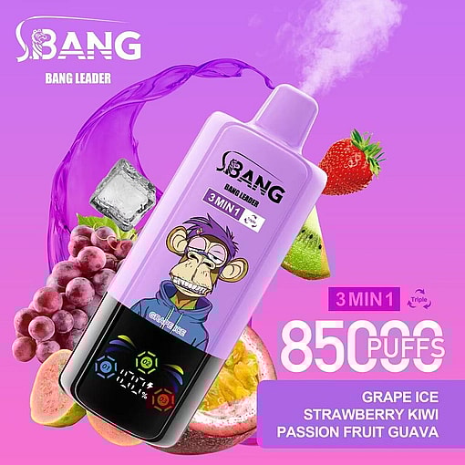 Colorful Vape Device Featuring A Cartoon Monkey, Surrounded By Grapes, Strawberries, Kiwi, Guava, Ice, And Passion Fruit, On A Purple Background With Product Branding And Information Highlighting 8500 Puffs And Three Flavor Options.