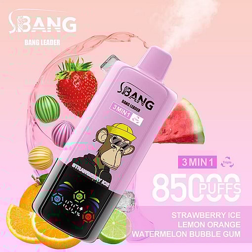 Colorful Vape Device With A Cartoon Monkey On The Label, Surrounded By Images Of Strawberries, Watermelon, Lemon, Orange, And Bubble Gum Candies, Highlighting The Flavors Strawberry Ice, Lemon Orange, And Watermelon Bubble Gum, With The Text '8500 Puffs' And '3 Min 1'.