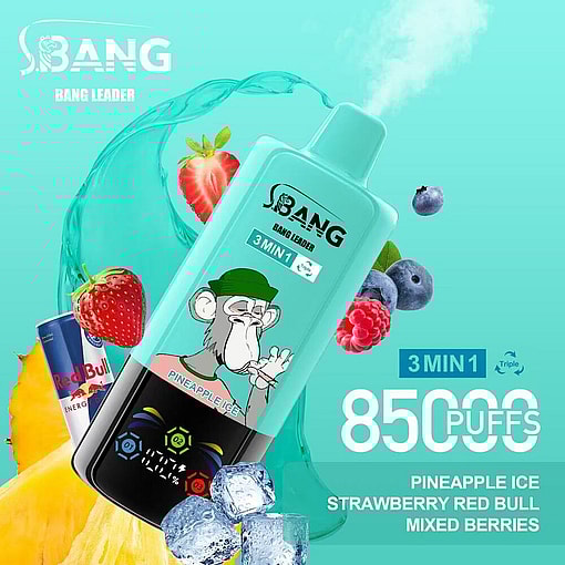 Promotional Image Of A Bang Leader Vape Device With Cartoon Monkey Artwork, Surrounded By Illustrations Of Strawberry, Pineapple, Ice Cubes, Mixed Berries, A Red Bull Can, And Text Highlighting 8500 Puffs And Three Flavors: Pineapple Ice, Strawberry Red Bull, And Mixed Berries.
