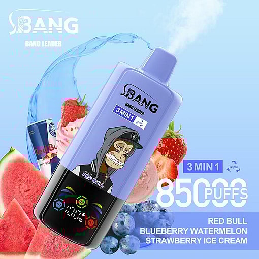 Promotional Image Featuring A Sbang Vape Device With Cartoon Ape Artwork, Surrounded By A Red Bull Can, Watermelon, Blueberries, Strawberries, And Ice Cream, Highlighting Flavors And 8500 Puffs.