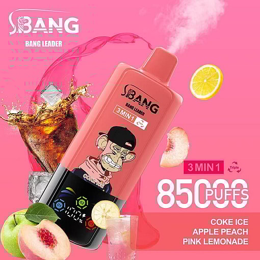Bang Leader Vape Device With Illustrated Monkey Character, Surrounded By Ingredients Representing Coke Ice, Apple Peach, And Pink Lemonade Flavors, Set Against A Pink Background With Product Branding And 8500 Puffs Featured.
