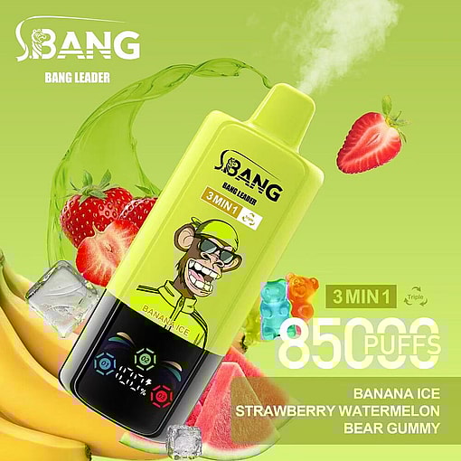 Colorful Vape Device With A Cartoon Monkey Design Labeled 'Bang Leader' Surrounded By Images Of Bananas, Strawberries, Watermelon, Gummy Bears, And Ice Cubes, Highlighting Flavors And Features.