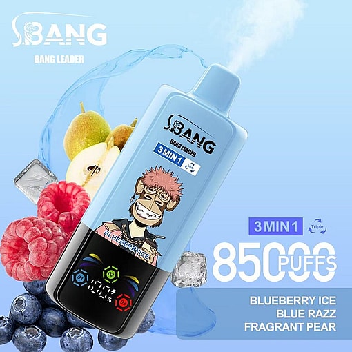 Promotional Image For Bang Leader Vape Device, Featuring A Cartoon Monkey With The Flavor Options Blueberry Ice, Blue Razz, And Fragrant Pear, Surrounded By Blueberries, Raspberries, Pears, And Ice Cubes With Text Highlighting 8500 Puffs And 3-In-1 Flavors.
