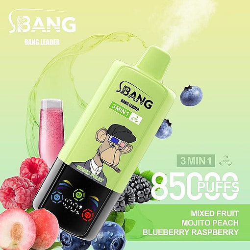 Sbang Bang Leader Vape Device With A Cartoon Monkey Design, Surrounded By Fruit Including Raspberries, Blueberries, Blackberries, And Peach, Highlighting Flavors Of Mixed Fruit, Mojito Peach, And Blueberry Raspberry, With Branding And Mention Of 8500 Puffs.