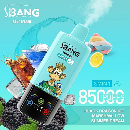 Bang Leader Vape Device Featuring A Crowned Cartoon Monkey, Blackberry, Ice Cubes, Marshmallow, Lemon Slice, And Cola Drink Against A Blue Background, Promoting Black Dragon Ice, Marshmallow, And Summer Dream Flavors With 8500 Puffs.