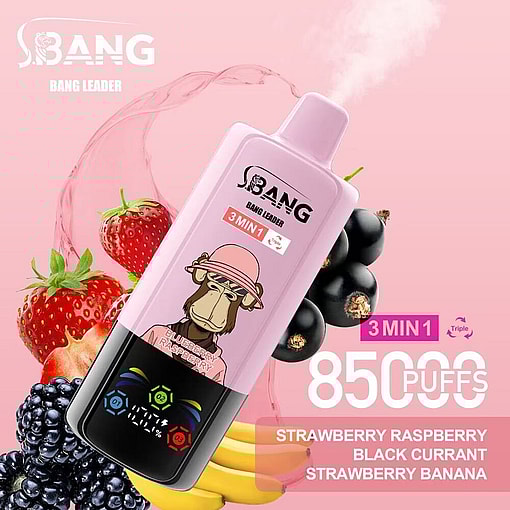 Pink S.bang Vape Device With A Cartoon Monkey, Surrounded By Strawberries, Raspberries, Black Currants, And Bananas, Advertising 8500 Puffs And Three Flavor Options On A Pink Background.