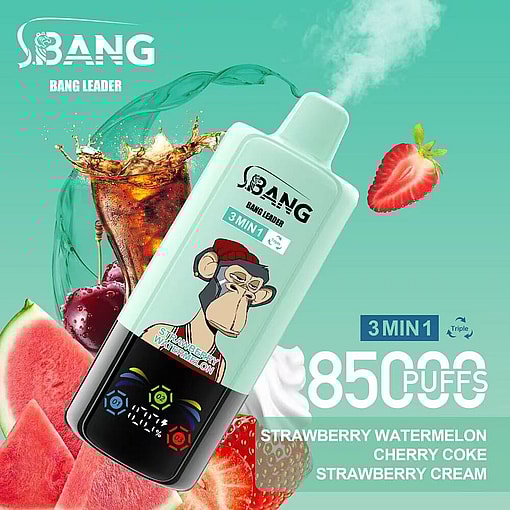 S.bang Bang Leader Vape Device With Cartoon Ape Illustration, Featuring Flavors Strawberry Watermelon, Cherry Coke, And Strawberry Cream, Surrounded By Images Of Fruit And Beverages.