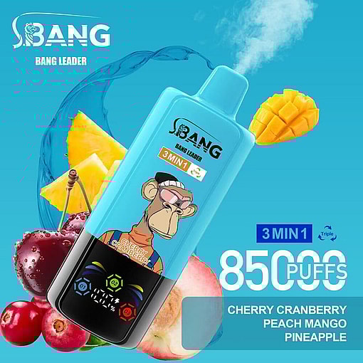 Promotional Image Of A Blue Bang Leader Vape Device Featuring A Cartoon Monkey, With Fruit Illustrations Including Cherry, Cranberry, Peach, Mango, And Pineapple On A Blue Background, Advertising '3 Min 1', 8500 Puffs, And Multiple Flavors.