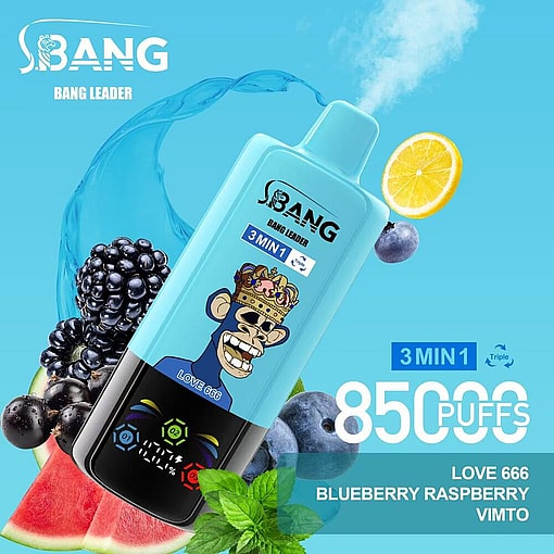 Blue Disposable Vape Device Featuring A Crowned Cartoon Monkey With Fruit Imagery Including Blueberry, Raspberry, Lemon, And Watermelon, Highlighting 8500 Puffs And Flavors Called Love 666, Blueberry, Raspberry, And Vimto.