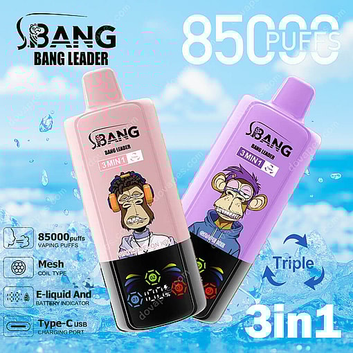 Two Colorful Bang Leader Disposable Vapes Featuring Cartoon Monkeys And Labeled With Flavors Watermelon Ice And Grape Ice, Set Against A Blue Water-Themed Background With Text Highlighting 85,000 Puffs And 3-In-1 Functionality.