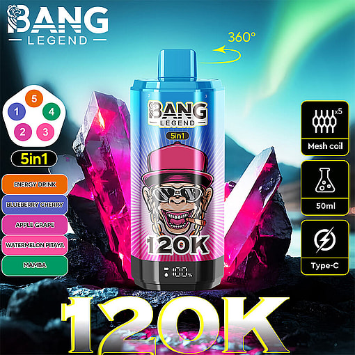 Colorful Bang Legend 120K Vape Device With A Cartoon Monkey Face Design, Surrounded By Glowing Pink Crystals, Highlighting Features Like 5 Flavors, 50Ml Capacity, Mesh Coil, And Type-C Charging.