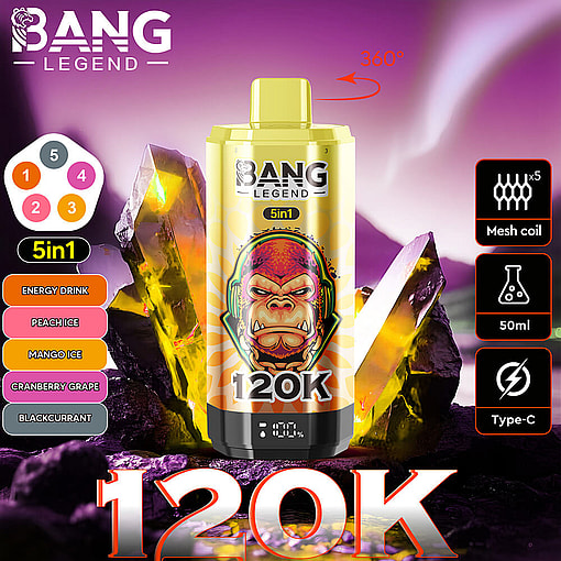Promotional Image For Bang Legend 5-In-1 Vape Device, Featuring A Yellow Vape In Front Of Large Glowing Crystals, Product Flavor Options And Features Listed, And Bold '120K' Text At The Bottom.