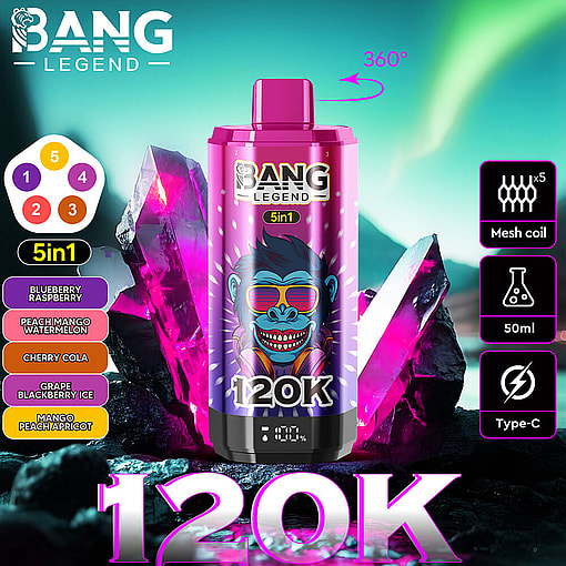 Bang Legend 120K Disposable Vape With A Purple Design Featuring A Cartoon Monkey Wearing Sunglasses, Displayed Against Glowing Pink Crystals, Highlighting 5-In-1 Flavors, Mesh Coil, 50Ml Capacity, And Type-C Charging.