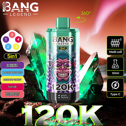 Promotional Image For A Bang Legend 5-In-1 Disposable Vape Device, Featuring A Green And Purple Vape Pen With Flavor Options Listed And Neon Crystal Props In The Background, Highlighting Features Like Mesh Coil, 50Ml Capacity, And Type-C Charging.