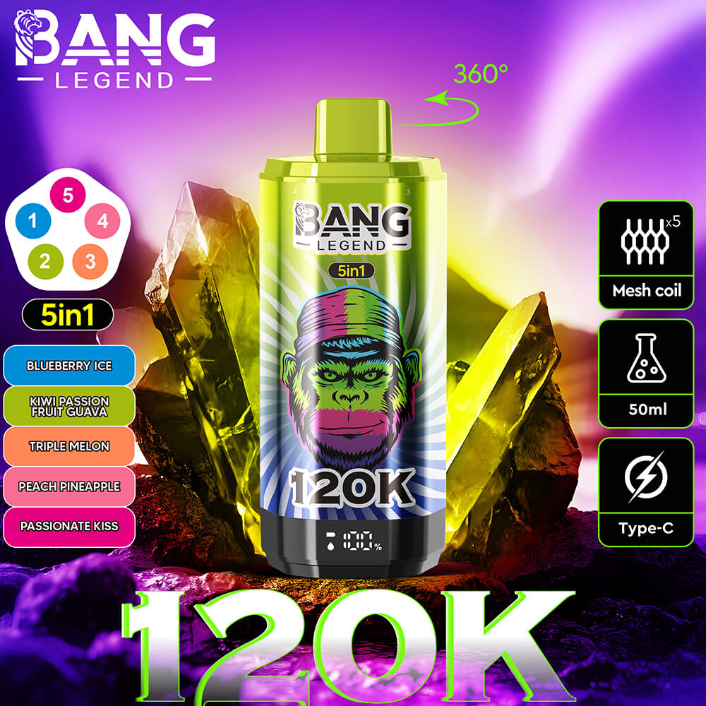 Bang Legend 5-In-1 Disposable Vape Device With A Colorful Gorilla Illustration, Surrounded By Crystal Formations And Bold Graphics Listing Five Flavors And Device Features, Including Mesh Coil, 50Ml Capacity, And Type-C Charging.
