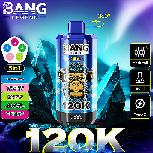 Bang Legend 5-In-1 Disposable Vape Device With A Blue Design Featuring A Stylized Monkey Graphic, Flavor List On The Left, Technical Features On The Right, And Icy Crystal Background.