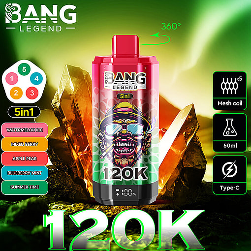 Bang Legend 120K Vape Device With Vibrant Packaging, Featuring A Cartoon Character, Flavor Options, And Product Highlights Including Mesh Coil, 50Ml Capacity, And Type-C Charging Against A Glowing Crystal Background.