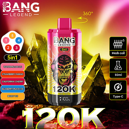Colorful Bang Legend 5-In-1 Vape Device Featuring A Fierce Gorilla Illustration, Surrounded By Yellow Crystals, With Flavor And Product Features Listed Including Mesh Coil, 50Ml Capacity, Type-C Charging, And The Flavors: Watermelon Ice, Strawberry Mango, California Cherry, Blueberry Peach Ice, And Berry Ice.